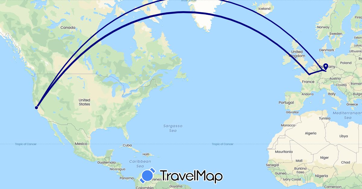 TravelMap itinerary: driving in Germany, France, United States (Europe, North America)